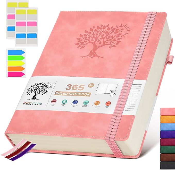 PERCUN A4 Lined Journal Notebook，365 Page Large Leather Journals for Writing Women Men，Hardcover Notebook with 100Gsm Thick Pages for Travel，Work，School，College Ruled, Daily Diary (8.5" x 11.4")
