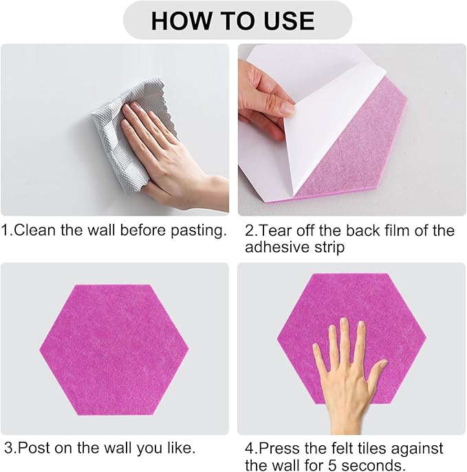 Vuzvuv 8 Pcs Hexagon Bulletin Board with 50 Pushpins & 10 Wooden Clip Pins Adhesive Cork Board for Wall，Felt Pin Board for School，Office Decor（Deep Purple）