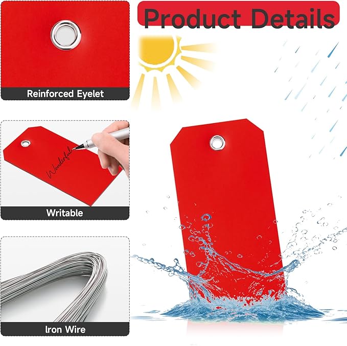 Heavy Duty Plastic Shipping Tags - Waterproof Hang Tags with String Wires, Ideal for Car Parts & Equipment (Red, 4 3/4 x 2 3/8)