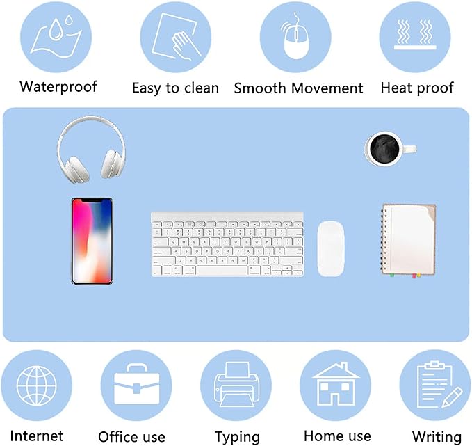 PU Leather Desk Pad Protector Gaming Mouse Pad Non Slip Desk Mat for Keyboard and Mouse Waterproof Desk Writing Pad for Office and Home Desk Accessories(Blue, 35.4 * 17.7)