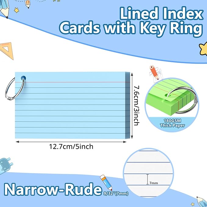 Ciphyfee Index Cards 3x5 Inch With Ring, 600 Count, Ruled White Colored Index Card, 180GSM Flash Cards College Ruled for Students, Teachers, Study Note Card for Office, Home, School, Office
