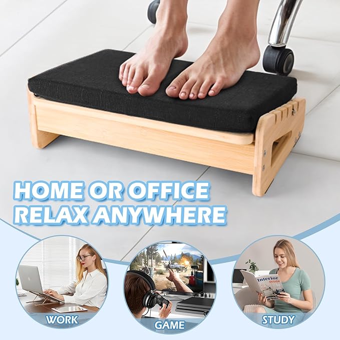 Ergonomic Bamboo Foot Rest for Under Desk, Dual Side Footrest with Reflexology Massager Roller, 5 Heights Adjustable Foot Stool, Ergonomic Leg Support to Relieve Lumbar, Back, and Knee Pain