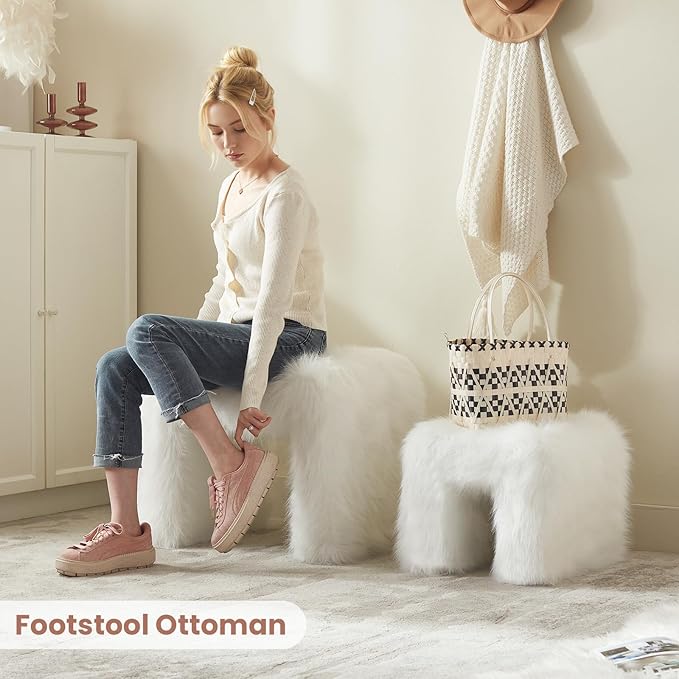 ZYKZYK Small Ottoman Set of 2 Vanity Stool Chair with Modern Ottoman Foot Rest M-Shaped Design for Bedroom Entryway Makeup Vanity Entryway (2-in-1) White