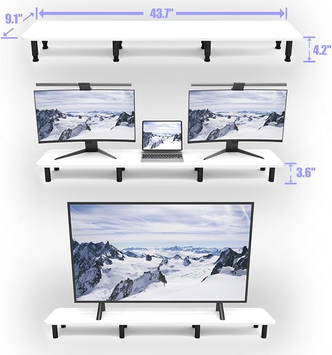 WEGASTU Dual Monitor Stand Riser 43.7 inch Large Extra Long Monitor Stand Riser Wide TV Stand Riser Monitor Stand for 2 Monitors Wood & Steel Leg Desktop Riser Desk Organization Home Office (White)