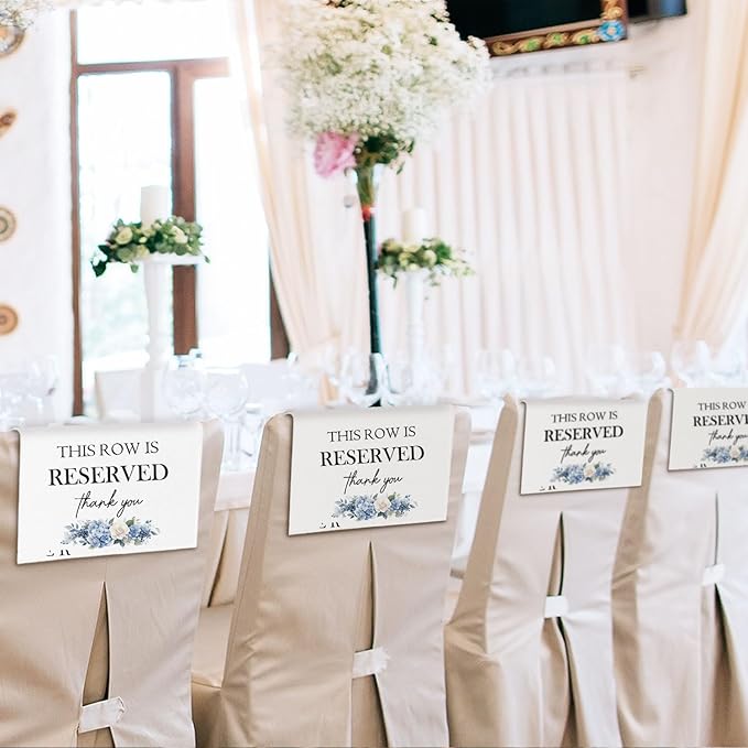 ChissNook Reserved Seating Chair Signs, This Row Is Reserved Pew Cloths Seating Placeholder for Church Pews, Wedding Decorations for Reception Parties Celebrations Event Meetings (Blue Floral, 4 PCS)