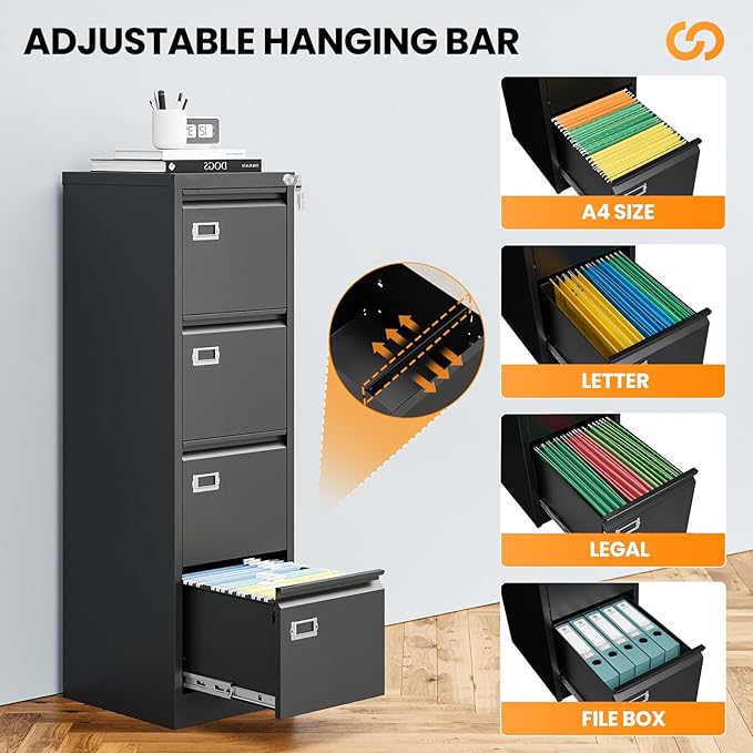 AFAIF 4 Drawer File Cabinet with Lock, Metal File Cabinets for Home Office,18" Deep Vertical Black Filing Cabinets Office Storage Cabinet for Letter/Legal / A4 / F4 Size, and File Folders
