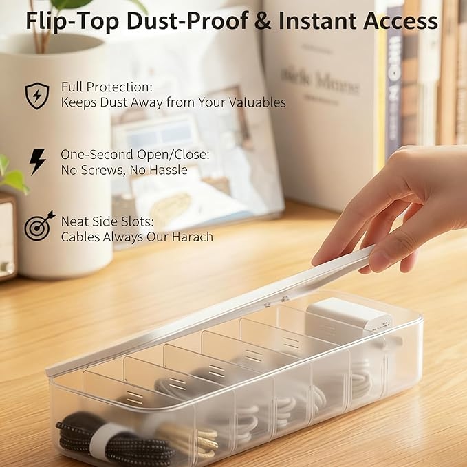 mioluo Cord Organizer Box with Lid, 7 Compartment Cable Management with 7 Wire Ties, Dustproof Cable Storage Box for Office & Home, Wire Hider for Computer Desk, Charger Cables, Power Cords (1pack)