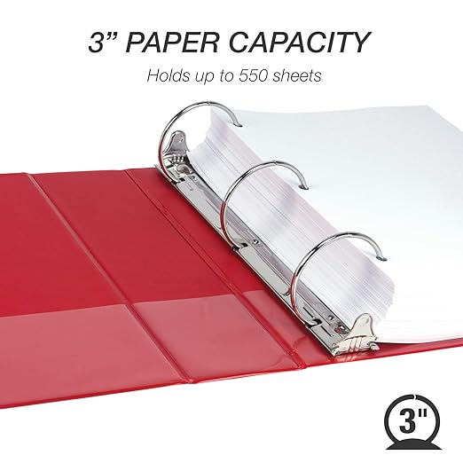 Samsill 3 Inch 3 Ring Binder, Made in USA, Economy Round Ring, Clear View Cover, 550 Sheet Capacity - for School, Home, Office - Ruby Red