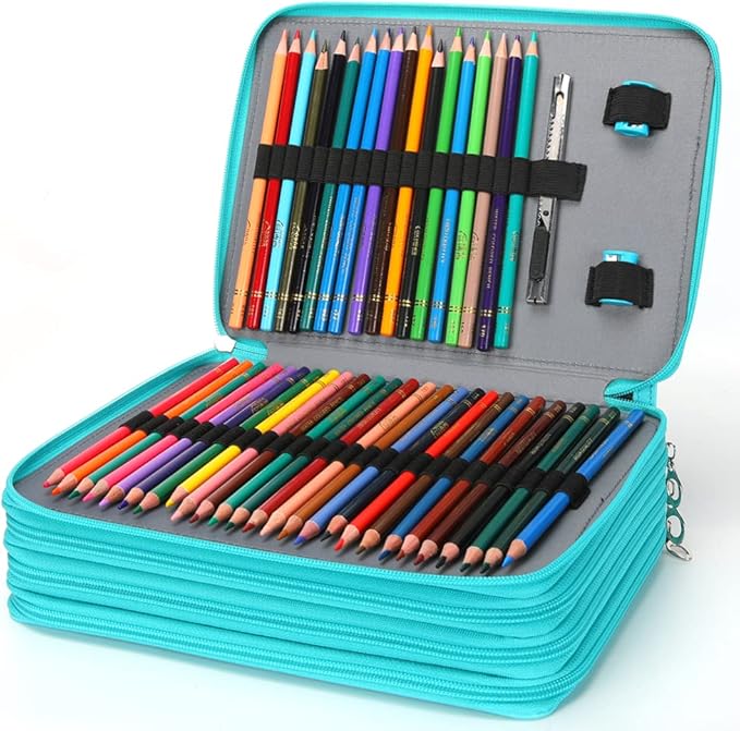 Vomgomfom Colored Pencil Case - 200 Slots Holder With Zipper Closure, Deluxe PU Leather Large Capacity for Watercolor Pens or Markers, Organizer for Artist (Green)