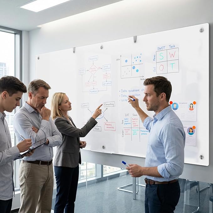 Large Glass Whiteboard, 96 x 48 Inches Magnetic Glass Dry Erase Board for Wall, 8' x 4' Brilliance White Board for Office, Home, School