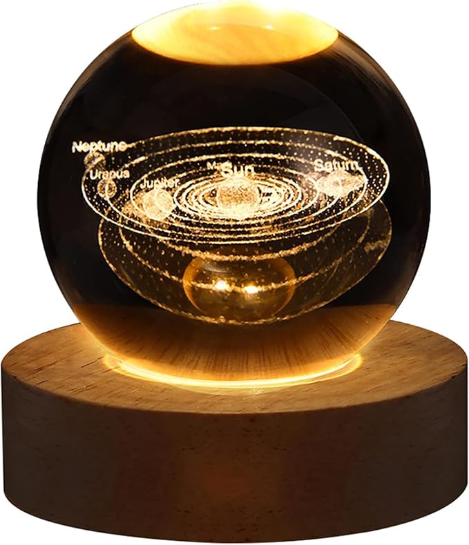 C&M 3D Solar System Crystal Ball Night Light,Solar System Figurine Lamp,Decorative Glass Sphere Ball Paperweight Crystal Sea Animal Decorations for Home (Solar System)