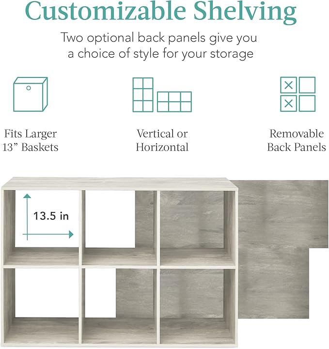 Best Choice Products 6-Cube Storage Organizer, 13.5in Shelf Opening, Bookcase, Display Shelf, Customizable w/ 3 Removable Back Panels – Whitewash