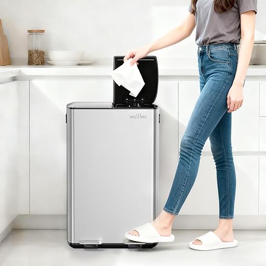 mVm Kitchen Trash Can,2x8 Gallon (2x30 L) Dual Compartment Garbage can Recycle Bin Combo with Foot-Pedal,Anti-Fingerprint,Soft-Close,Brushed Stainless Steel Trash can for Kitchen, Living Room(Silver)