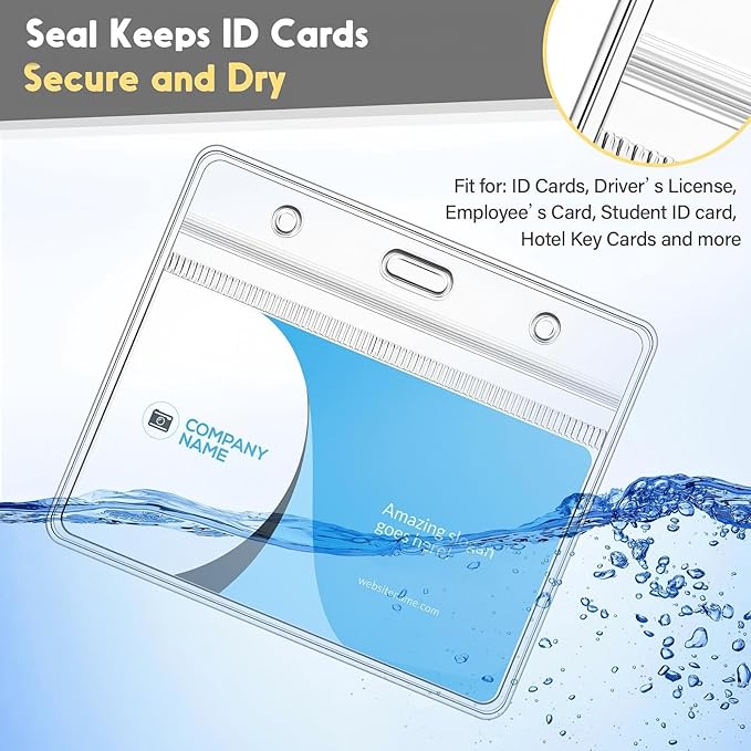 Marspark 50 Pieces Clear Plastic Horizontal Name Badge ID Card Holders with Waterproof Type Resealable Zip, 3.54 x 2.36 in, Transparent PVC Sleeve for Office Back to School Supplies