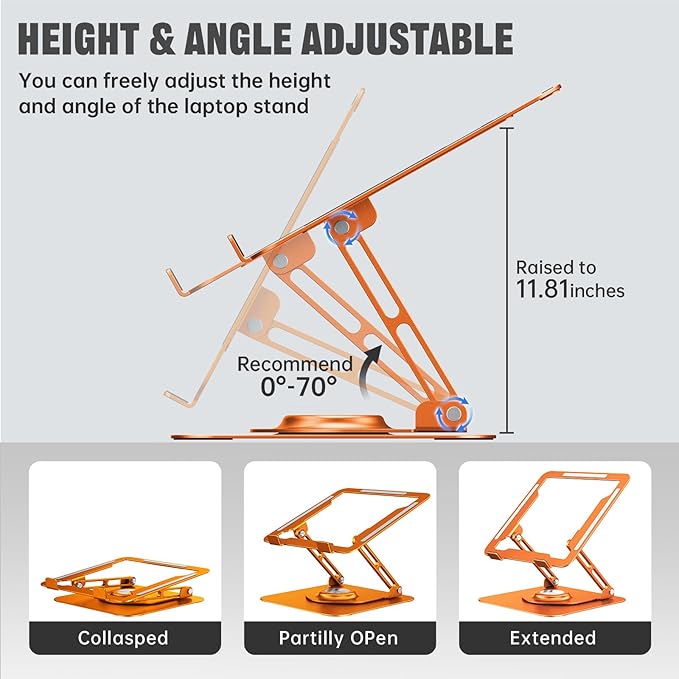 JOYEKY Laptop Stand for Desk, Adjustable Computer Stand with 360° Rotating Base, Ergonomic Laptop Riser for Collaborative Work, Foldable & Portable Laptop Stand, fits for All 10-16" Laptops (Orange)