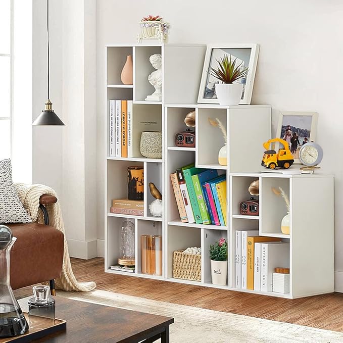 VECELO Wide Bookshelf Set, Fits 9.3" × 10-12.8" Hardcovers, Cube Storage Bookcases, Free-Standing for Living Room, Bedroom, Home Office, 2/3/4-Tier, 3-Pack, White
