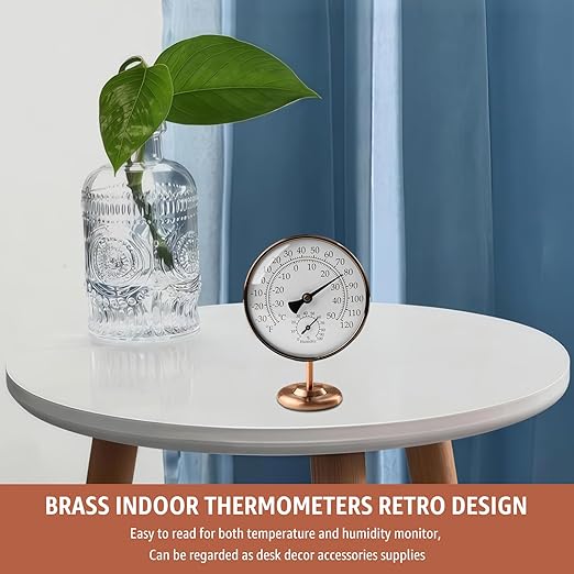Foxyoo 4-Inch Indoor Thermometer and Humidity Gauge, Room Analog Temperature and Humidity Monitor, Dual Scale Display, Brass Dial with Stand, Battery-Free for House, Home, Desk, Bedroom, Garage, RV