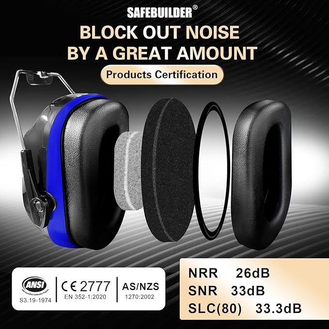 SAFEBUILDER Ear Muffs Noise Reduction SNR 33dB Adjustable Lightweight Safety Earmuffs Sound Proof Noise Cancelling ANSI
