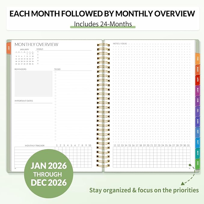 SUNEE 2026-2027 Planner - 24 Months (Jan 2026 - Dec 2027) - 7"x10" Monthly Spreads & Yearly Planner, Sage Green