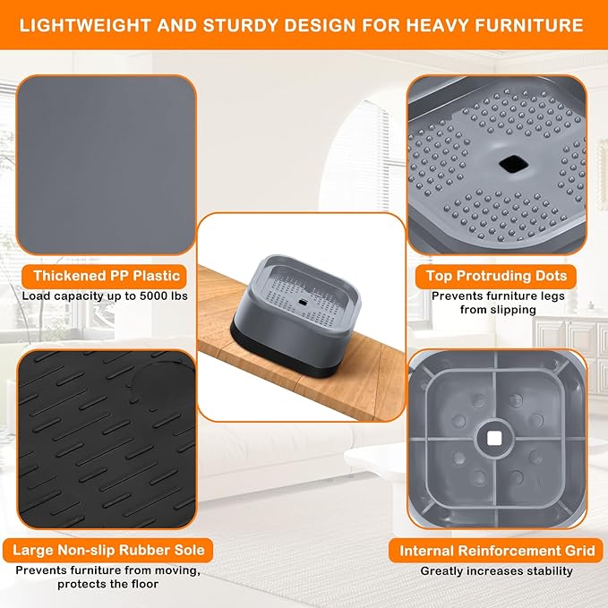 shouwuhho 18 Pack Furniture Risers Adjustable Bed Risers Heavy Duty Lifts Height 1", Square Stackable Bed Risers 1, 2 or 3 Inch for Desk Leg Table Couch Sofa Chair Bed Frame Legs Dorm, Gray