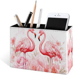 Famame Pink Flamingos Flowers Pencil Holder for Desk, Leather Desktop Container Pen Cup Storage Study Table Pen Organizer Makeup Brush Holder for Classroom Office Home