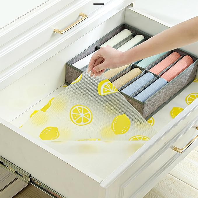 Lemon Print Shelf Liner for Kitchen Cabinets - Non-Adhesive Drawer Liner, Non-Slip Refrigerator Liner, Waterproof Fridge & Pantry Mat - Easy to Cut & Clean