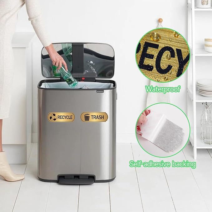 3PCS Recycle Stickers for Trash Bins, Self-Adhesive Waterproof Brushed Gold Trash Compost and Recycling Stickers for Trash Can, Kitchen, Office, Garbage Bin Indoor, Outdoor Use