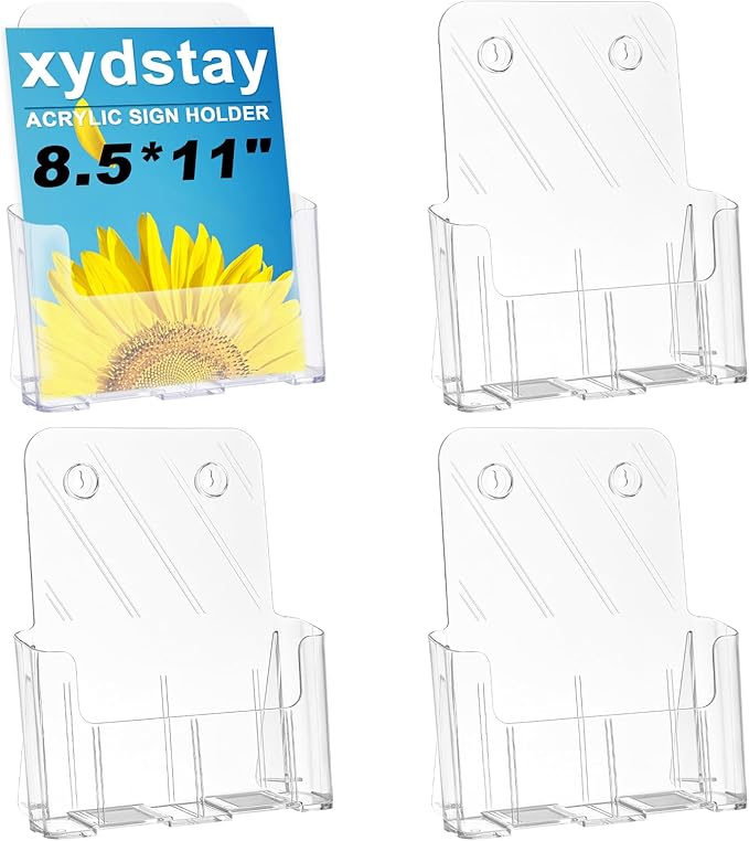 xydstay Acrylic Brochure Holder 8.5x11 Inches Slant Back Design, Clear Display Stand, Plastic Table Stand Sign Holder,Pamphlet Holder Flyer Holder, Acrylic Display Stand, Acrylic Table Signs Plastic Paper Holder for Office, Home, Store, 4 Pack