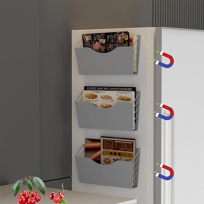 3-Pocket Magnetic File Holder - Wall Mount Mail Organizer for File Cabinets, Refrigerators, Whiteboards (Silver)