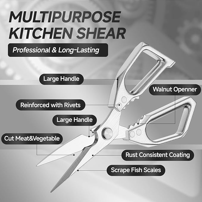 2-Pack Heavy Duty Stainless Steel Kitchen Scissors for Meat, Poultry, Chicken Bones and Turkey - Dishwasher Safe Sharp Japanese Cooking Shears, Food Scissors