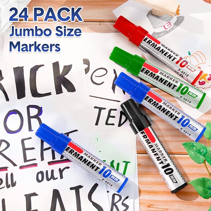 Thenshop 24 Pack Jumbo Permanent Markers Bulk: Large Chisel Tip Permanent Markers Quick Drying Waterproof Pallet Pens for Office Logistics Company and More(Black, Blue, Red and Green)