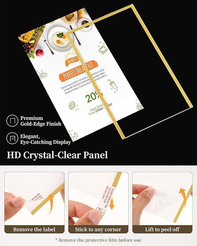 Dynta Acrylic Sign Holder 4x6 8 Pack Double Sided Clear Plastic Display Stands, Tabletop Menu Holder, Flyer Display for Wedding, Party, Restaurant, Office, Retail (Gold Frame)