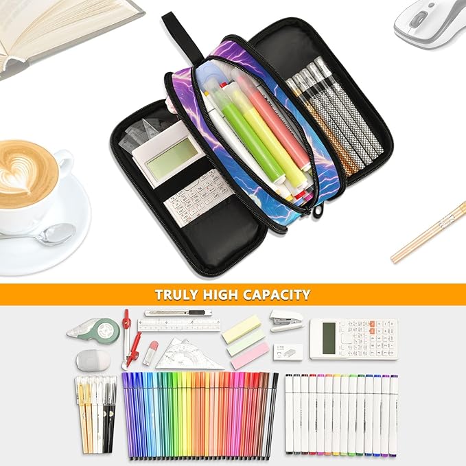 BOENLE Custom Wolf Howling Moon Lightning Pencil Case Box Boys Girls Personalized Name Large Pencil Pouch Stationery Pen Bag Organizer for Kids Adults School Office