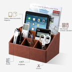 Cretkhp Remote Control Holder with 5 Compartments for Office Art Supplies, PU Leather Nightstand Organizer Pencil Pen Desk Caddy for Home, Desktop TV Remote Control Organizer Storage (Brown)