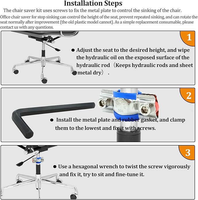 LJZP 3 Pack Fix Sinking Office Chair, Office Chair Saver for Stop Sinking Solid Stainless Steel Adjustable Height Chair Saver Kit with Hexagon Wrench Adjustable Height and Leather Pads Support