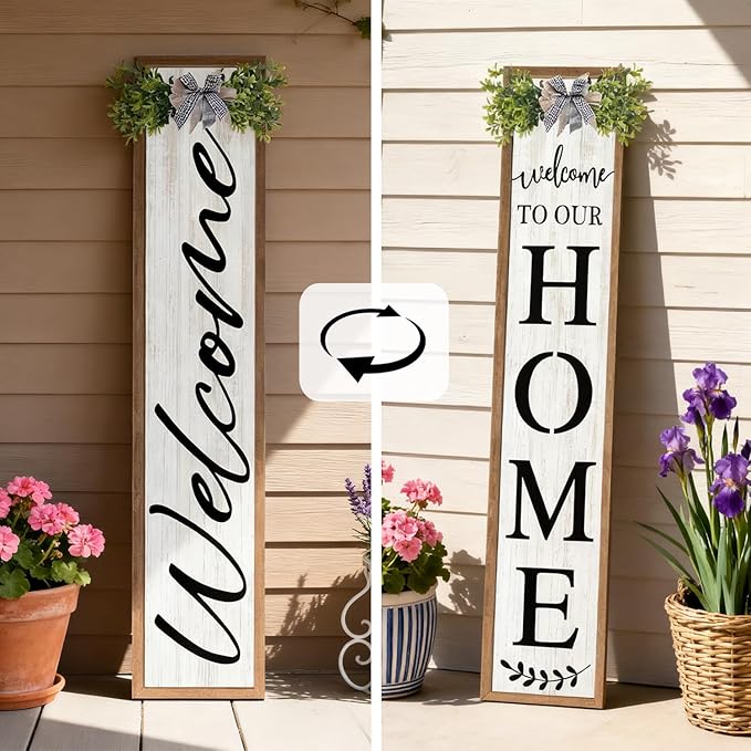 Double-sided Welcome to Our Home Wooden Sign Stand with Magnetic-adhesive Wreath for Front Door, 47" Vertical Farmhouse Welcome Porch Sign for Outdoor Patio Garden, 2in1 Large Tall Porch Leaner Decor