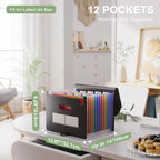 ThinkTex Accordion File Organizer, 12 - Pocket Expanding File Folders for Paper Receipts, Bills&Taxes Organizer, Letter/A4 Size Document Holder for School, Office, Home with Colorful tabs- Black