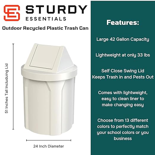 Sturdy Essentials 42 Gallon Round 100% Recycled Plastic Indoor or Outdoor Commercial Trash Can with Easy Access Swing Top Lid | Great for Schools and Businesses - White