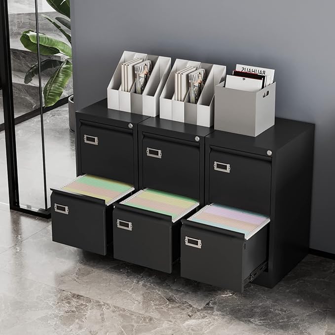 Fesbos 2 Drawers Vertical File Cabinets - 17.8" Deep Lockable Filing Cabinet - Black Metal Storage Cabinets for Home Office to Hanging Files Letter/Legal/F4/A4 Size