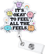 It's Okay to Feel All The Feels Funny Nurse Badge Reel, Cute Inspirational Mental Health Retractable ID Card Badge Holder, Name Tag Badge Buddy for Nurse Psychiatrist Psychotherapist Social Workers