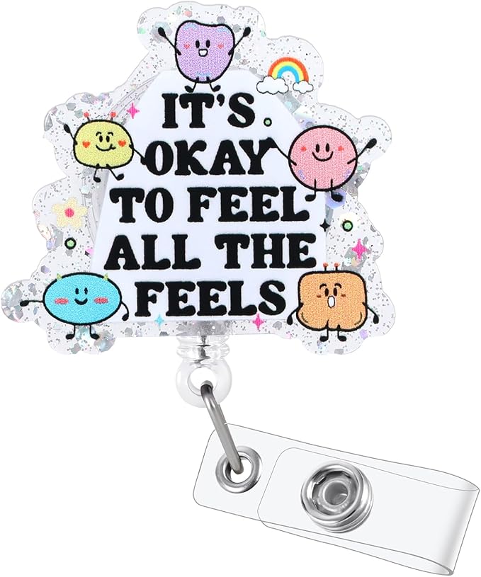 It's Okay to Feel All The Feels Funny Nurse Badge Reel, Cute Inspirational Mental Health Retractable ID Card Badge Holder, Name Tag Badge Buddy for Nurse Psychiatrist Psychotherapist Social Workers