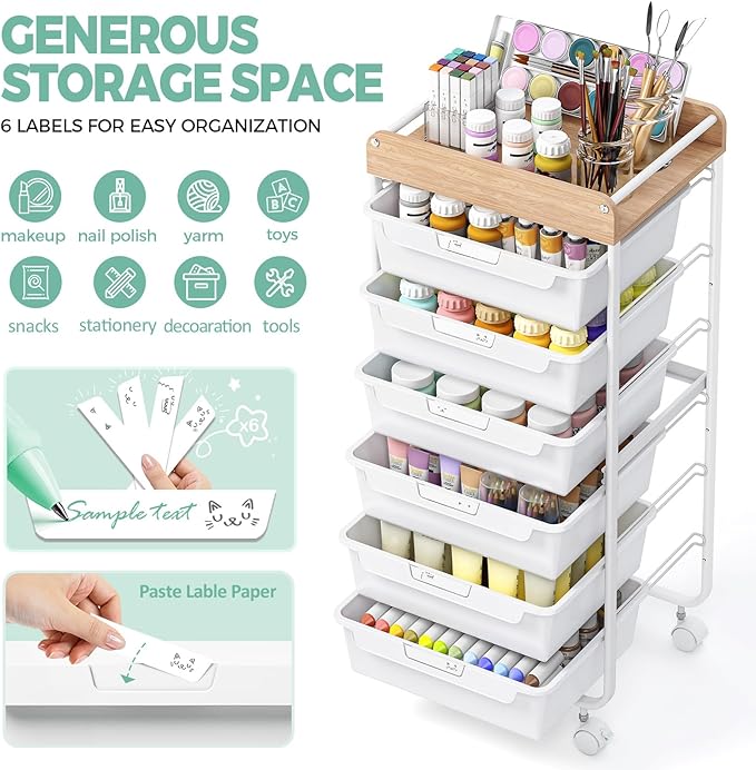 Rolling Storage Utility Cart With 6 Drawers,Art Supply Craft Organizer,Sewing Makeup Organizer And Storage,Office Organization Wooden Tabletop,White
