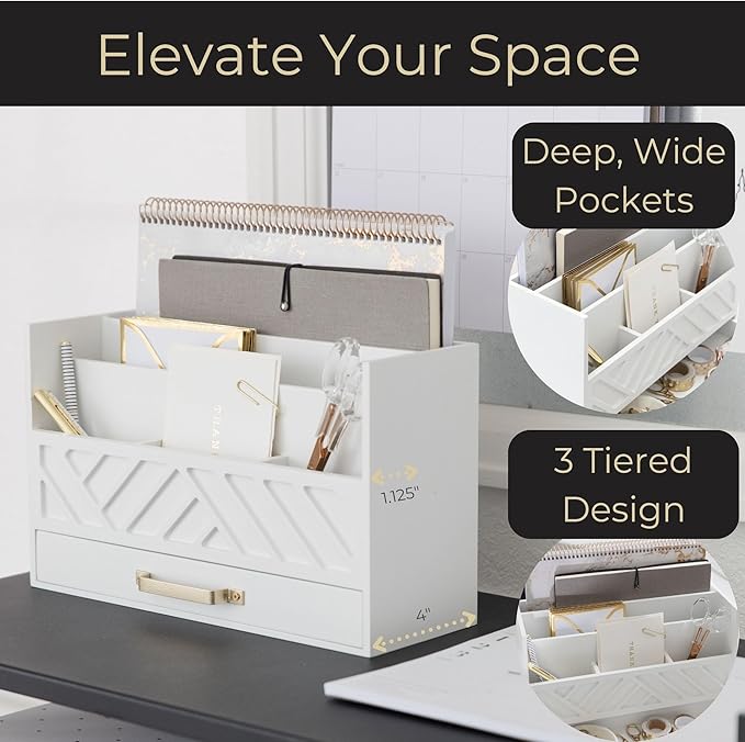 BLU MONACO White Wooden Mail Organizer With Drawer and Gold Handle | Desktop Storage for Home Office and Classroom | Multi-Section Letter Sorter | 4.6”D x 12.4”W x 7.5”H Tabletop Accessory Holder