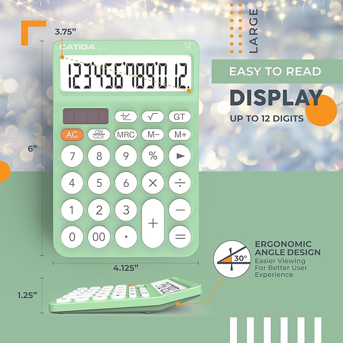 CATIGA 12 Digit Desktop Calculator Basic Desk Calculator with Large LCD Display, Big Buttons, 4 Function, Solar and Battery Dual Power, for Office, School, Home, SD-1292 Mint
