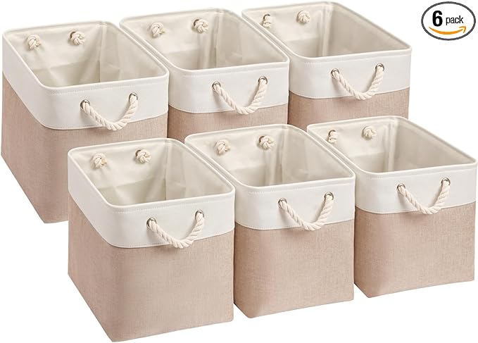 Mangata Canvas Storage Boxes, 11 Inch Cube Storage Bins Set of 6, Fabric Baskets with Cotton Rope Handle for Organizing Clothes Nursery Home (Khaki/White)