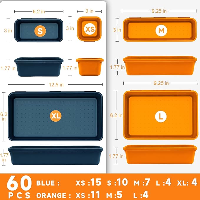 FLYVOLE Tool Box Organizer Tray, Toolbox Desk Drawer Organizer, Tool Box Tray, Toolbox Organization Storage for Rolling Tool Chest (60PCS (Blue+Orange))