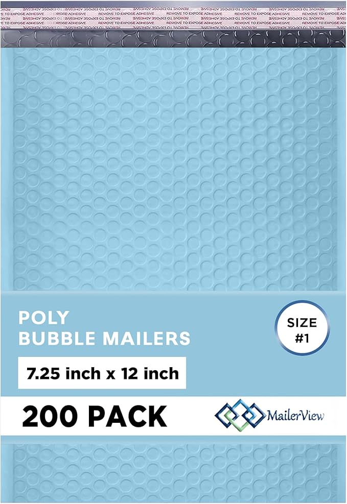 Light Blue Poly Bubble Mailers 7.25x12 inch #1 | Self Seal Padded Envelopes | Cushioned Bubble Mailer | Usable Size 7.25x11 | WaterProof | Lightweight mailing Shipping Bags | 200 Pack Bulk