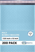 Light Blue Poly Bubble Mailers 7.25x12 inch #1 | Self Seal Padded Envelopes | Cushioned Bubble Mailer | Usable Size 7.25x11 | WaterProof | Lightweight mailing Shipping Bags | 200 Pack Bulk