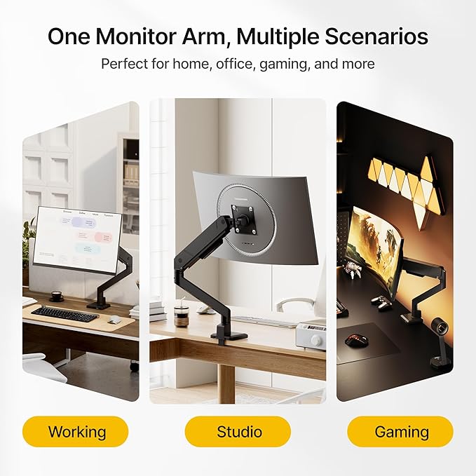 monTEK Single Monitor Arm with USB for Max 45 Inch Ultrawide Screens Adjustable Monitor Desk Mount Holds 35 Lbs Cable Management with C Clamp/Grommet Desk Mount, VESA 75/100mm, MA1007UCBK