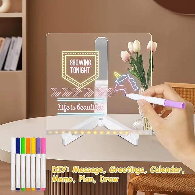 CAPOT Acrylic Dry Erase Board with Light 5.9 X 5.9” Light up Dry Erase Board with Stand as a Glow Memo LED Letter Message Board Led Note Board White Board with 7 Color Pen for Office School Home